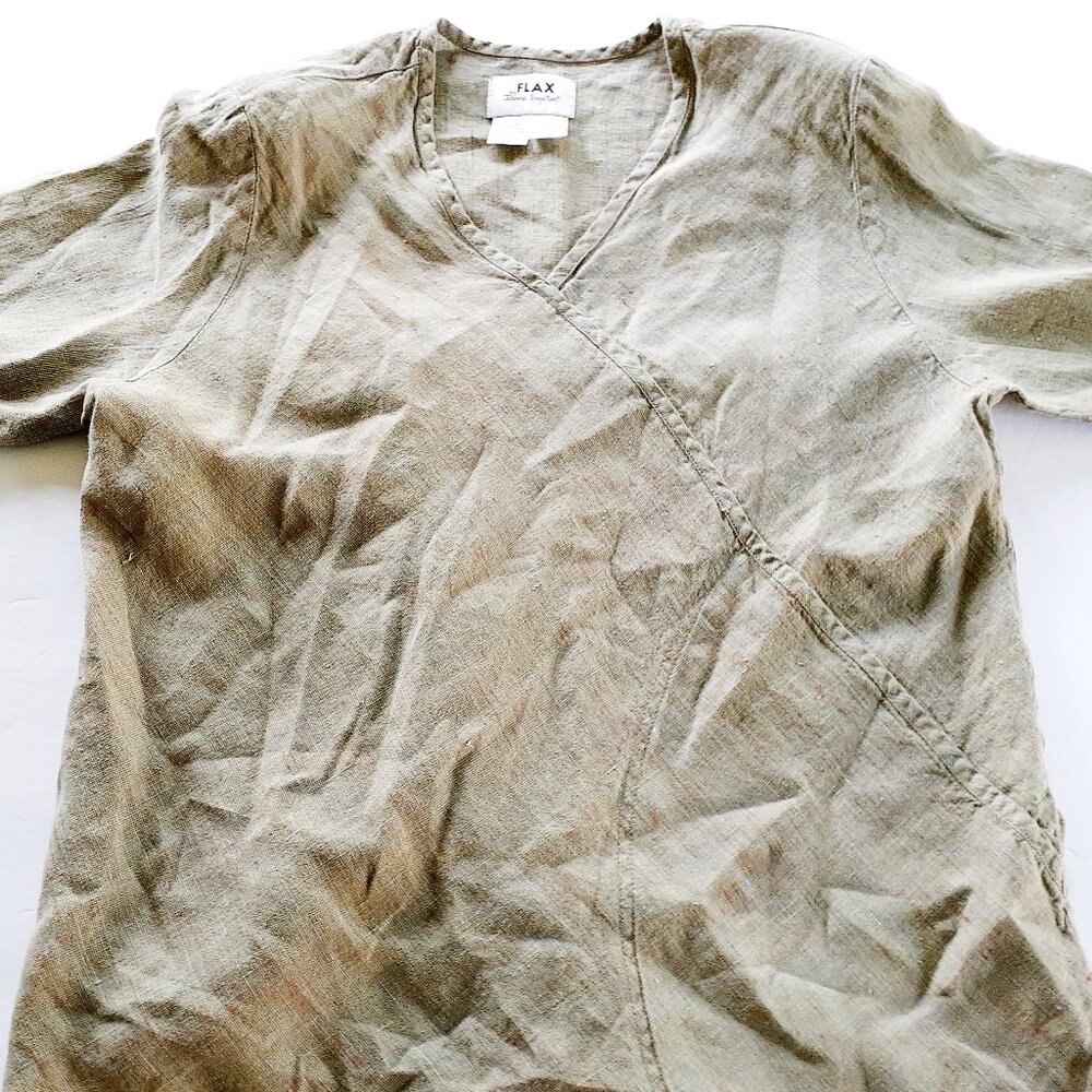 FLAX Womens Linen Shirt Green Tan Lagenlook Small - Picture 1 of 13